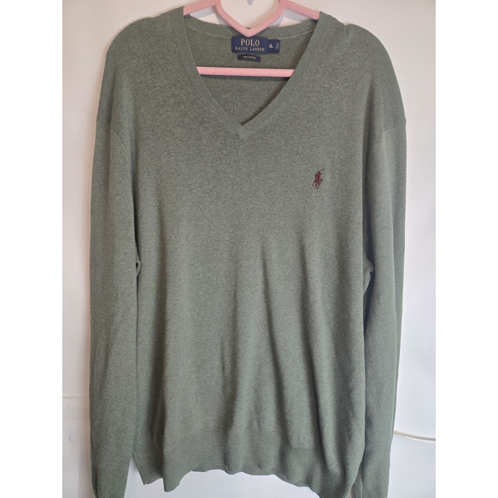 Polo Ralph Lauren Olive Green V-Neck Pima Cotton Pullover Sweater Size XL Pony